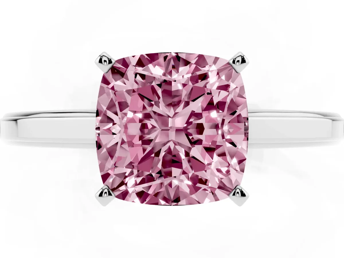 Fancy Pink Cushion Cut Solitaire Diamond Ring with Four-Prong Setting and Classic Band White gold