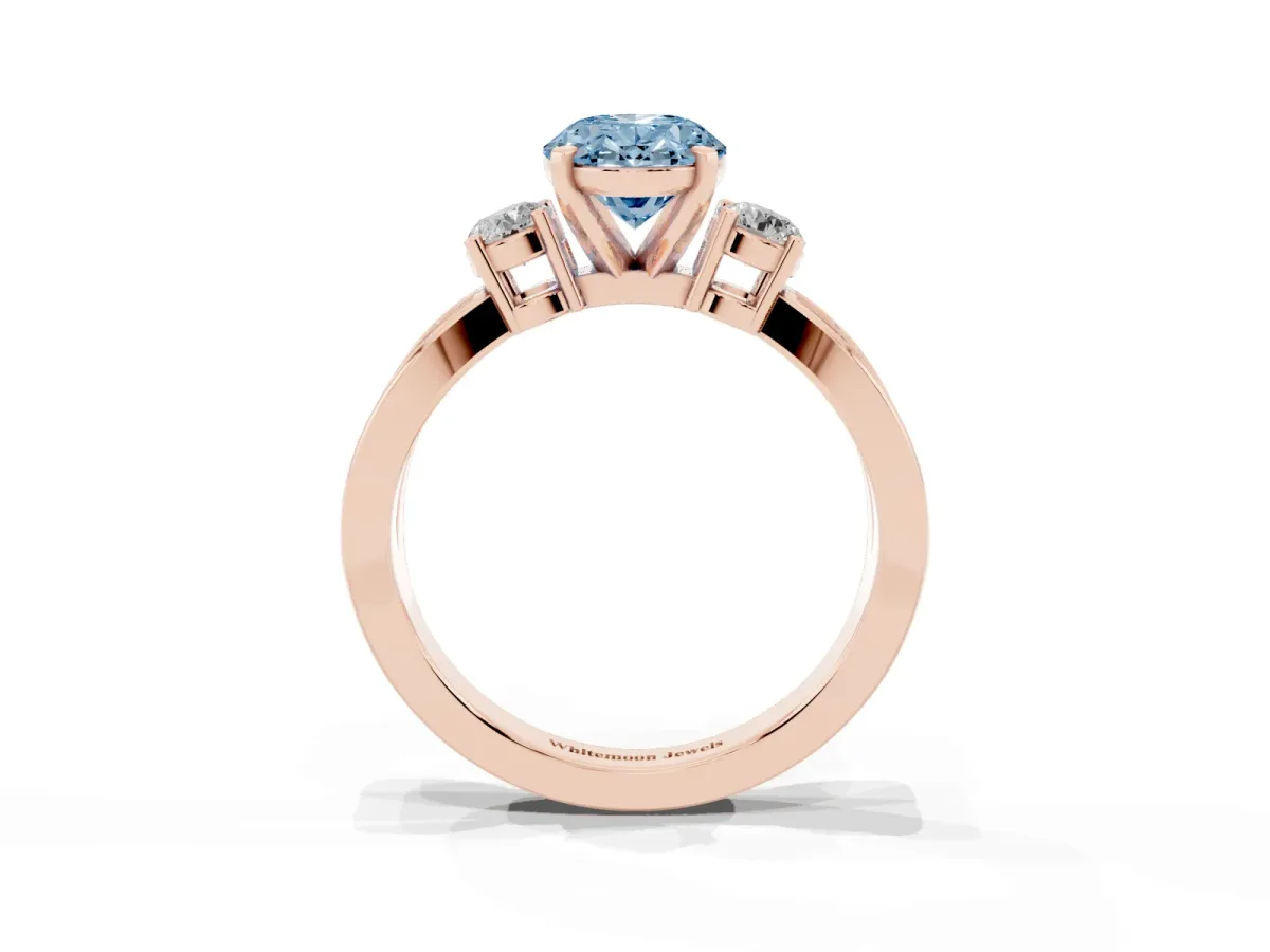 Fancy Blue Three-Stone Oval Cut Cut Diamond Twist Band with Prong Setting Rose gold