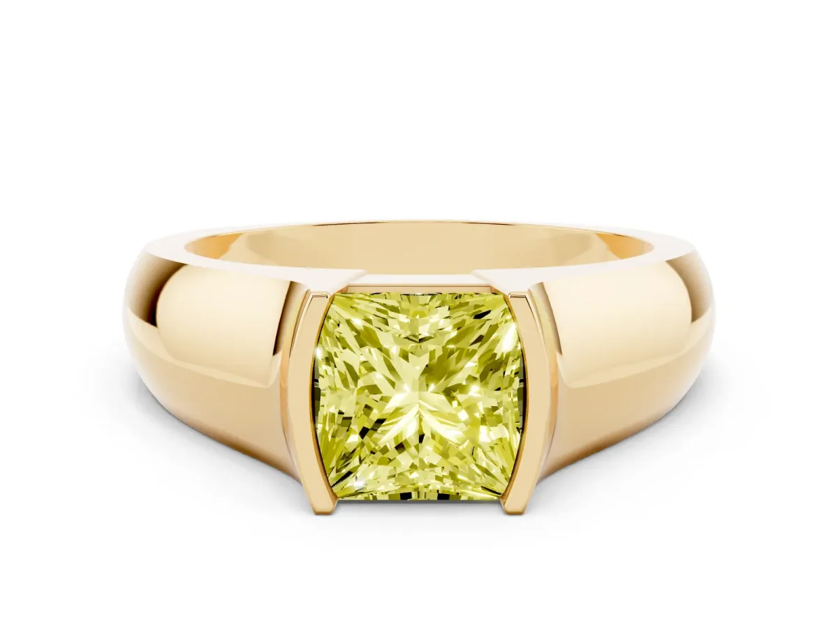 Fancy Yellow Princess Cut Solitaire Bezel Set Diamond Ring with Wide Band Yellow gold