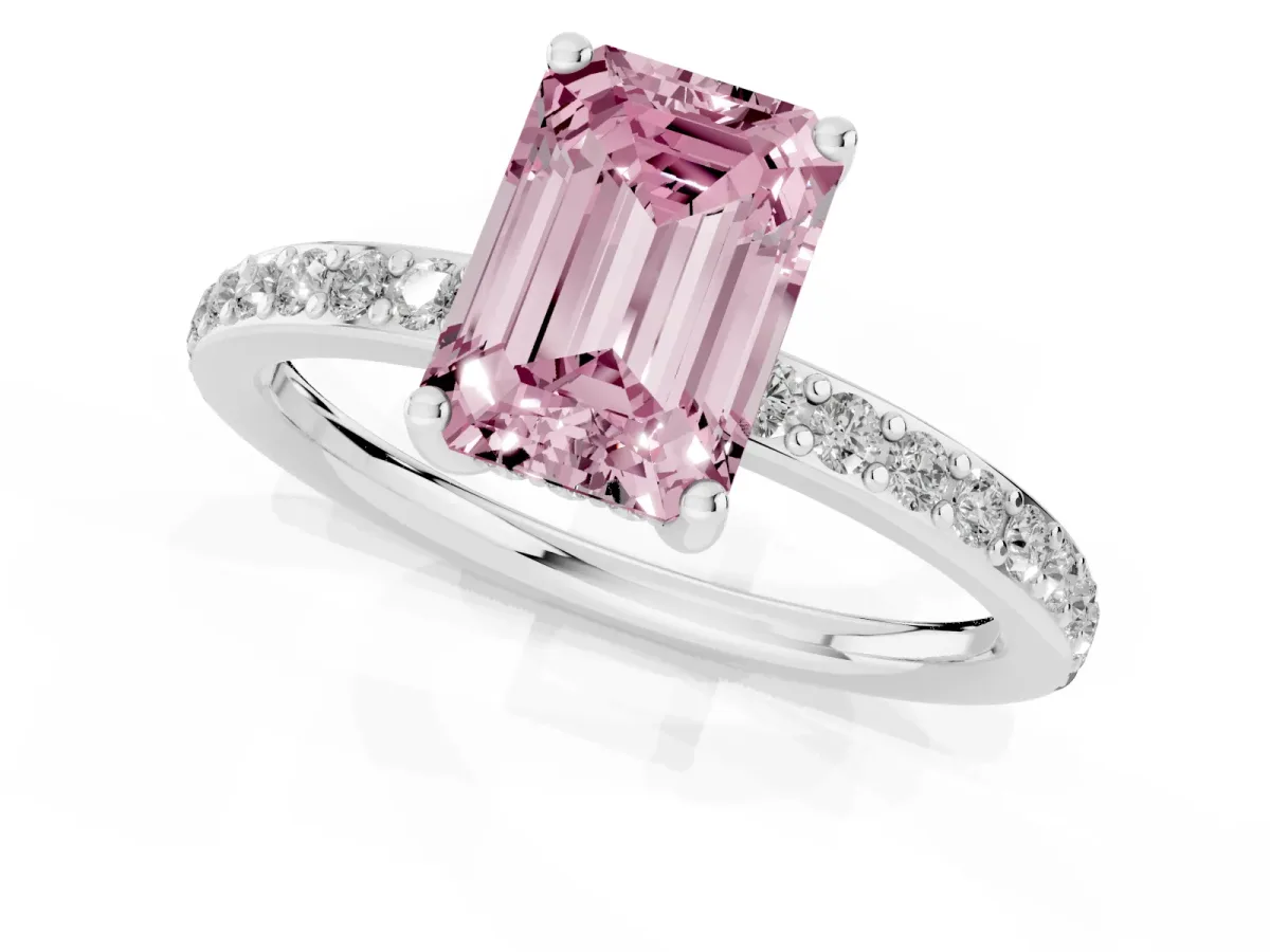 Fancy Pink Emerald Cut Cut Diamond Pavé Band Ring with Four-Prong Setting Silver