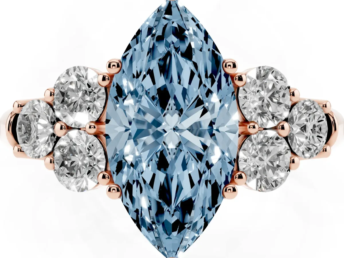 Fancy Blue Marquise Cut Cut Diamond Cluster Ring with Round Accent Stones and Prong Setting on a Classic Band Rose gold