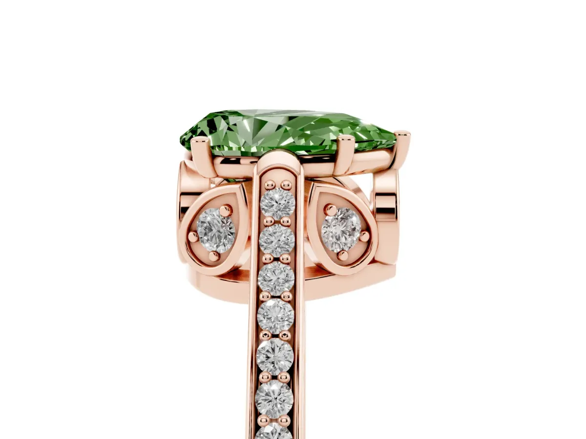 Fancy Green Pear Cut Cut Cathedral Pave Diamond Engagement Ring with Six-Prong Setting Rose gold