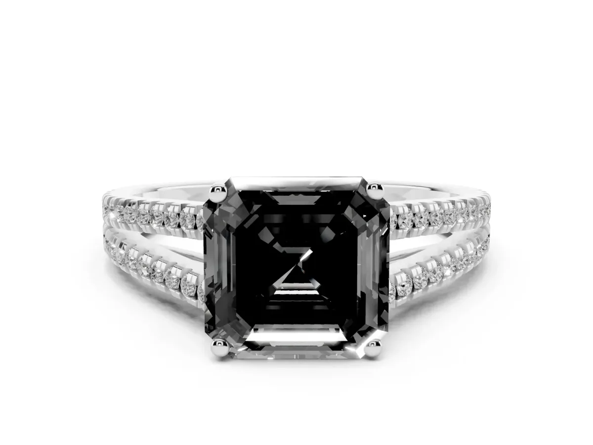 Fancy Black Asscher Cut Diamond Solitaire Engagement Ring with Split Shank Pavé Band Platinum