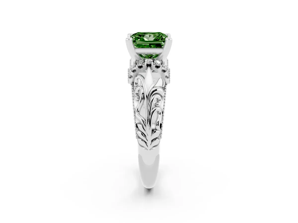 Fancy Green Princess Cut Solitaire Filigree Engagement Ring with Halo and Prong Setting Silver