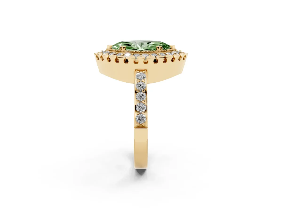 Fancy Green Marquise Cut Diamond Halo Ring with Pavé Band and Prong Setting Yellow gold