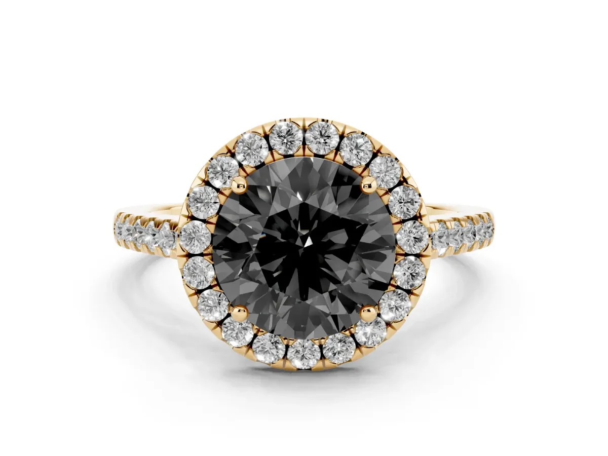 Fancy Black Round Cut Halo Pave Diamond Engagement Ring with Four-Prong Setting Yellow gold