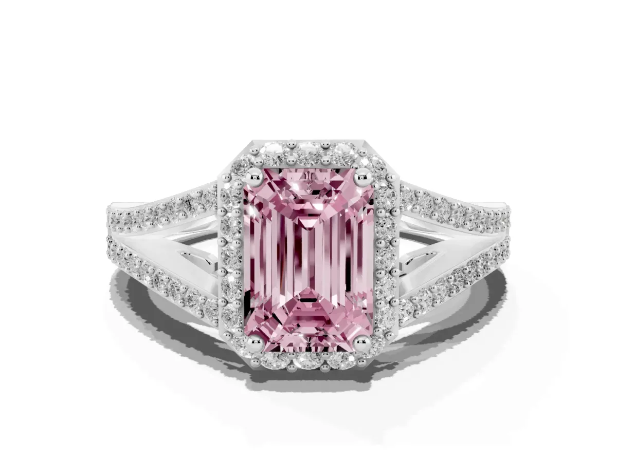Fancy Pink Emerald Cut Halo Split Shank Pave Diamond Ring with Four-Prong Setting Silver