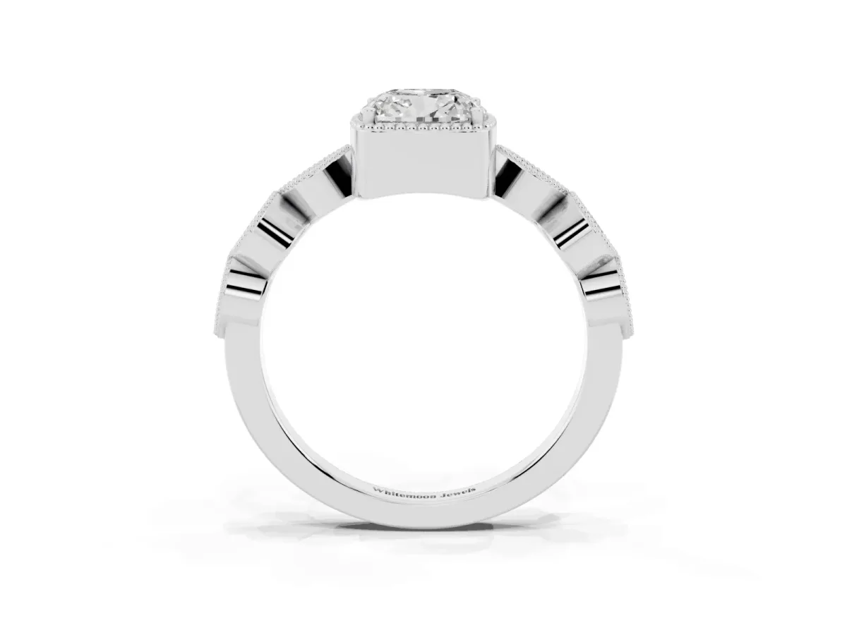 Cushion Cut Diamond Vintage Milgrain Ring with Round Stations Platinum