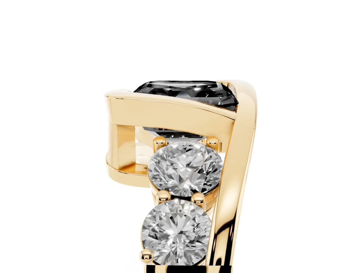 Fancy Black Bezel Set Asscher Cut Diamond Bypass Ring with Round Accents Yellow gold
