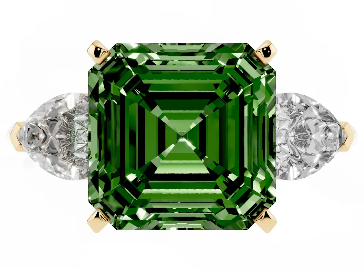Fancy Green Three-Stone Asscher Cut Diamond Ring with Pear Side Stones and Four-Prong Setting Yellow gold