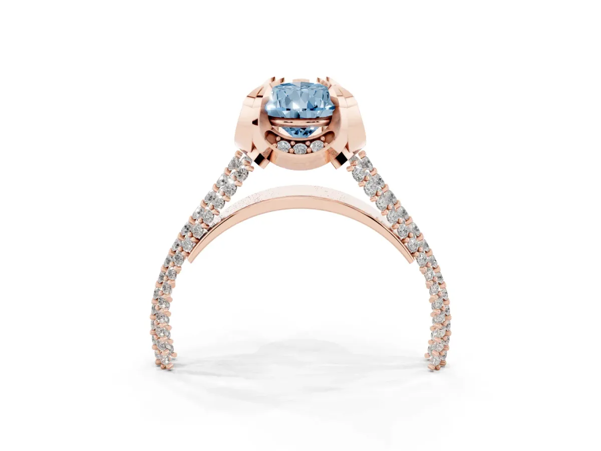 Fancy Blue Pear Cut Solitaire Pave Split Shank Ring with Four-Prong Setting Rose gold