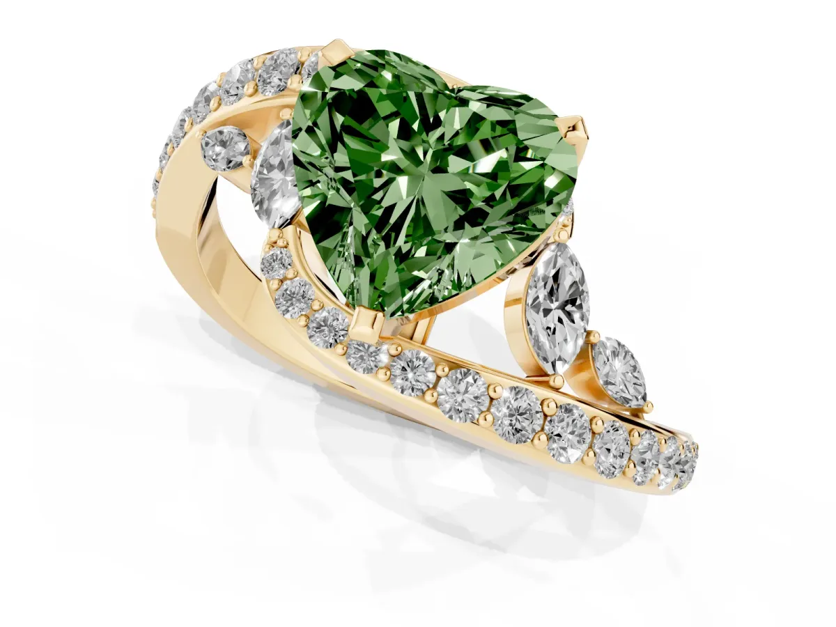 Fancy Green Heart Cut Solitaire with Pavé Twist Band and Four-Prong Setting Yellow gold