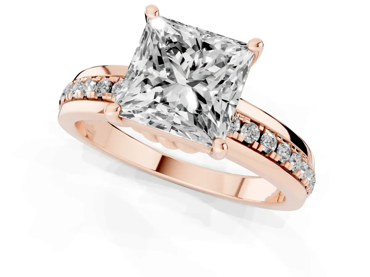 Princess Cut Solitaire Diamond Ring with Channel Set Band and Six-Prong Setting Rose gold