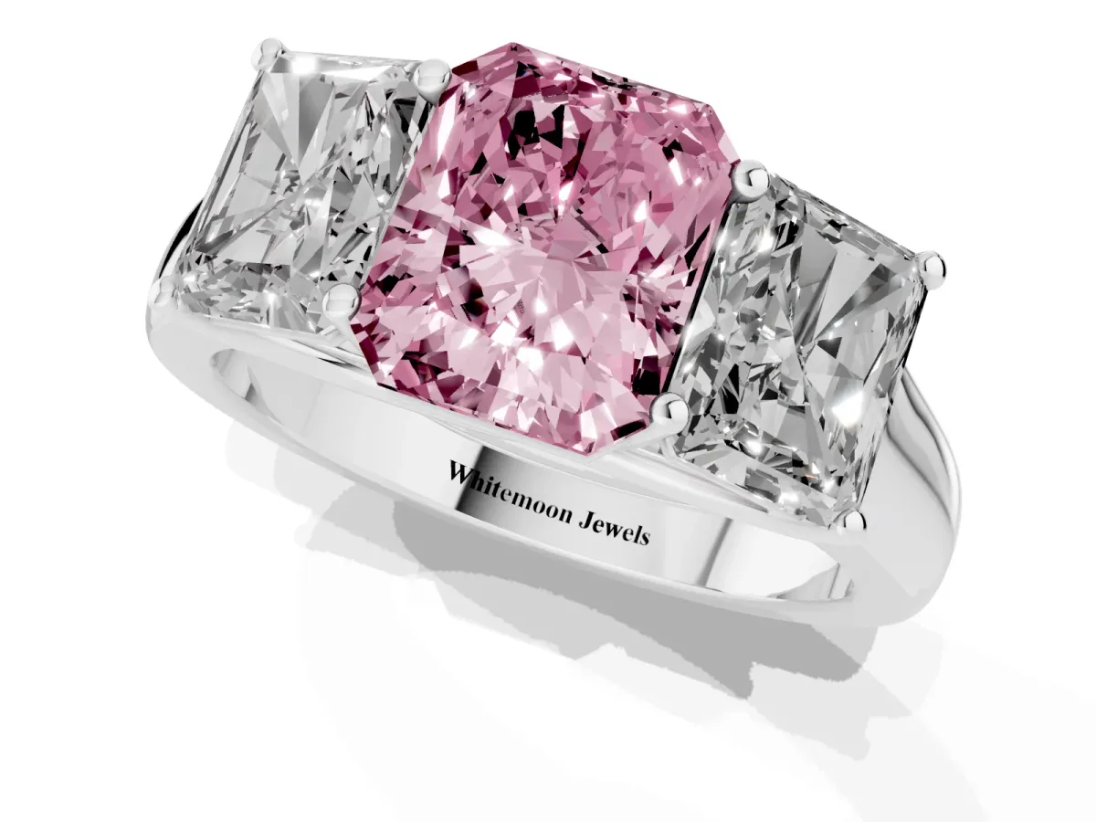 Fancy Pink Radiant Cut Three-Stone Diamond Ring with Prong Setting on a Classic Band Silver