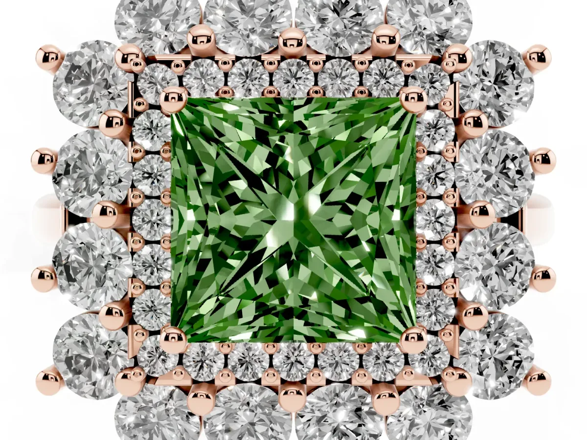 Fancy Green Princess Cut Diamond Floral Double Halo Engagement Ring with Prong Setting Rose gold