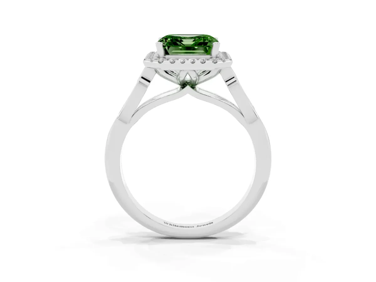Fancy Green Asscher Cut Halo Diamond Engagement Ring with Filigree Band and Four-Prong Setting White gold