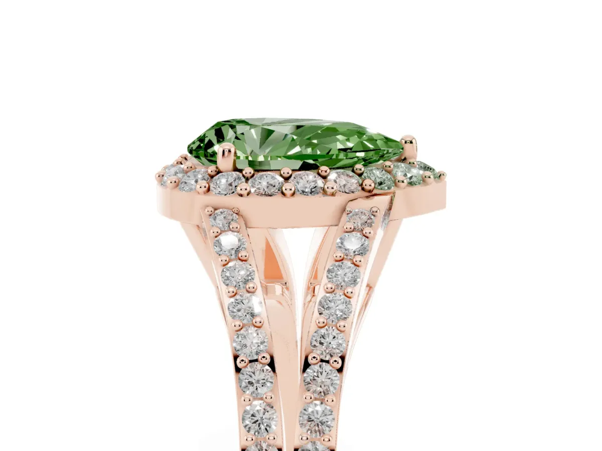 Fancy Green Pear Cut Halo Split Shank Diamond Ring with Prong Setting Rose gold