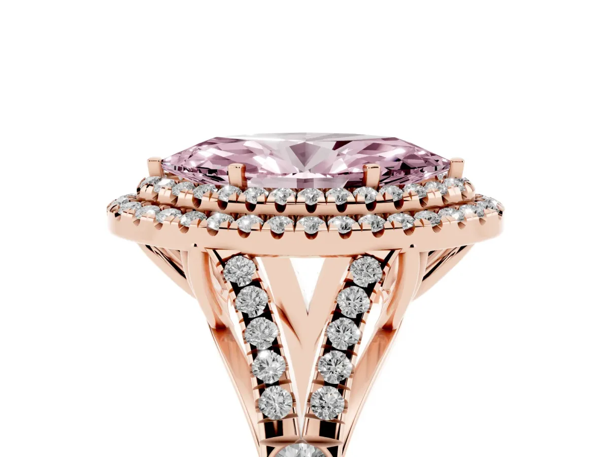 Fancy Pink Marquise Cut Diamond Pavé Split Shank Double Halo Engagement Ring Rose gold