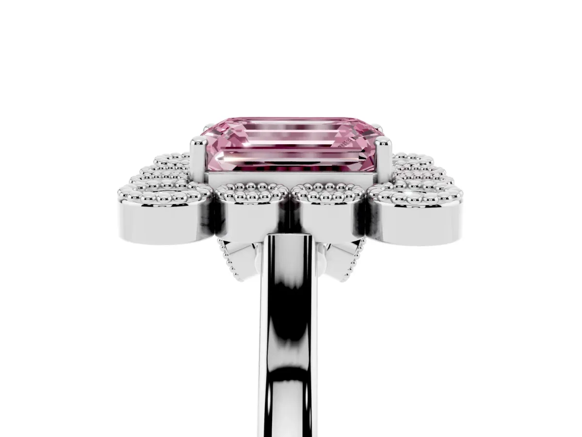 Fancy Pink Emerald Cut Halo Diamond Cluster Engagement Ring with Milgrain Bezel Setting and Solitaire Band Platinum