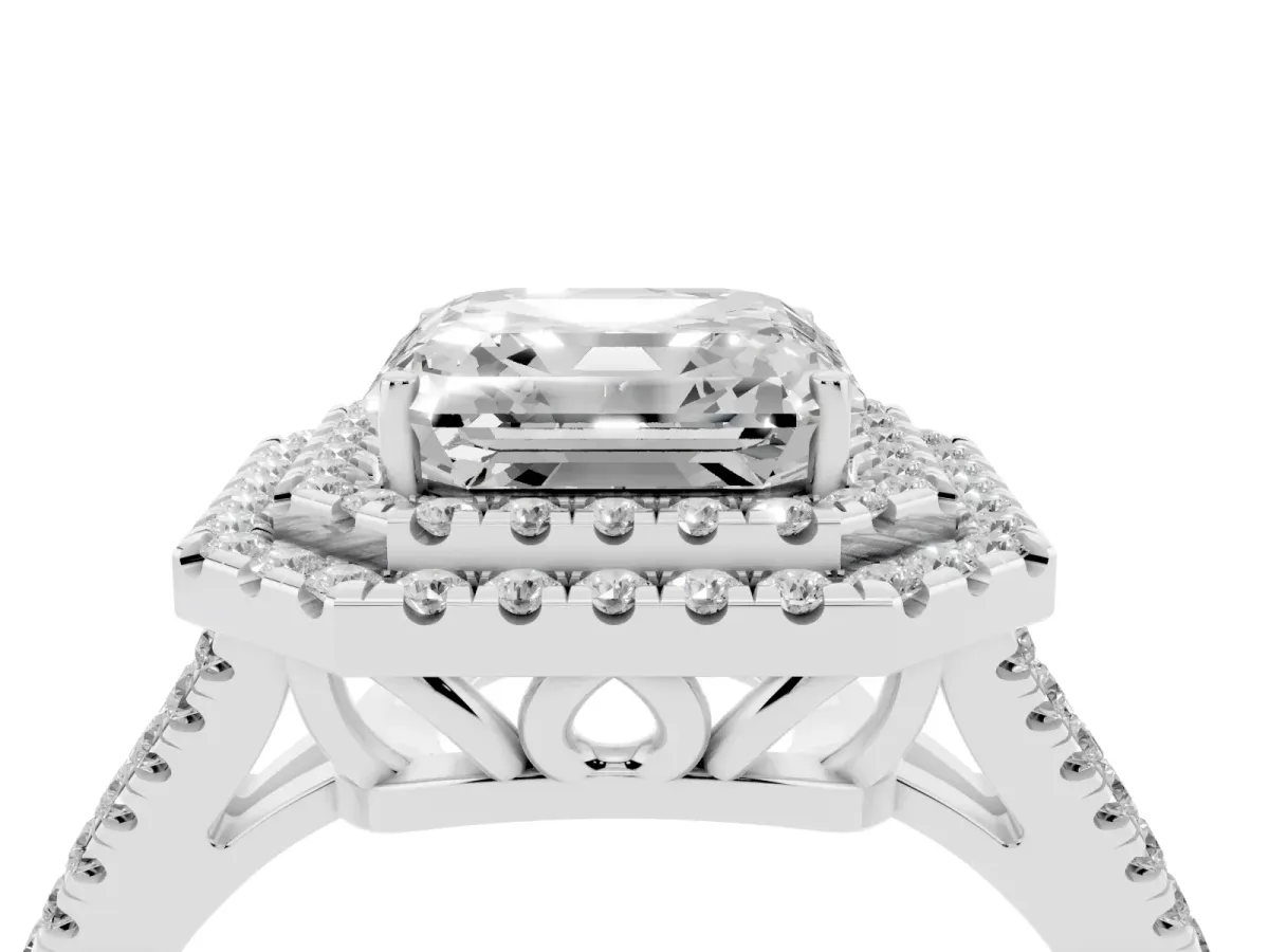 Asscher Cut Diamond Double Halo Ring with Pavé Band and Prong Setting Silver