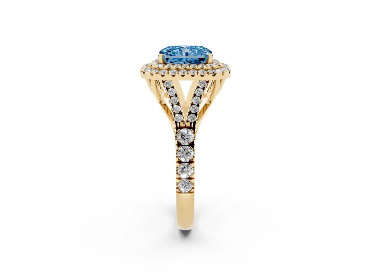 Fancy Blue Double Halo Radiant Cut Diamond Split Shank Engagement Ring with Four-Prong Setting Yellow gold
