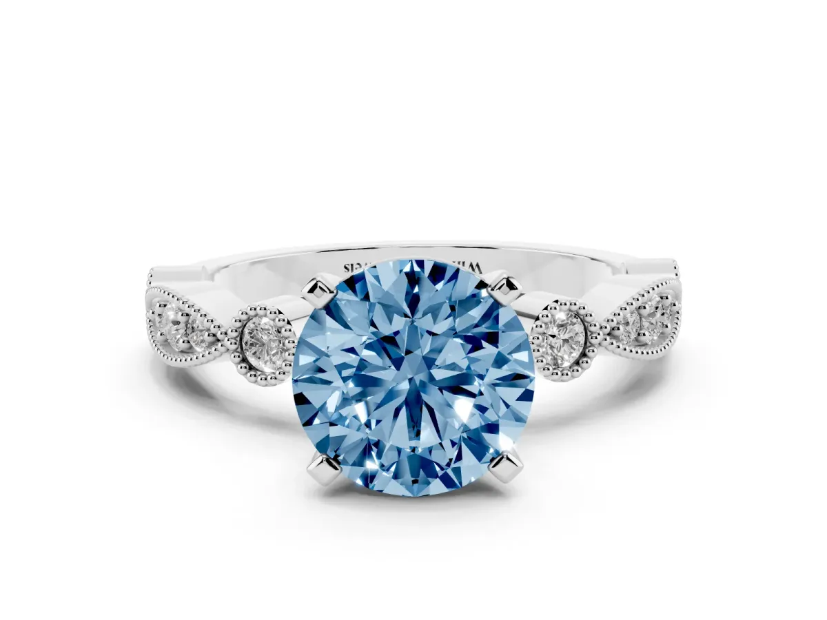 Fancy Blue Round Cut Milgrain Bezel Diamond Engagement Ring with Solitaire Prong Setting Platinum