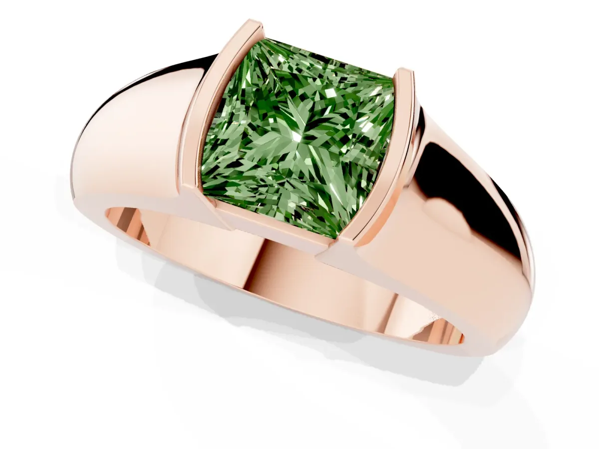 Fancy Green Princess Cut Solitaire Bezel Set Diamond Ring with Wide Band Rose gold