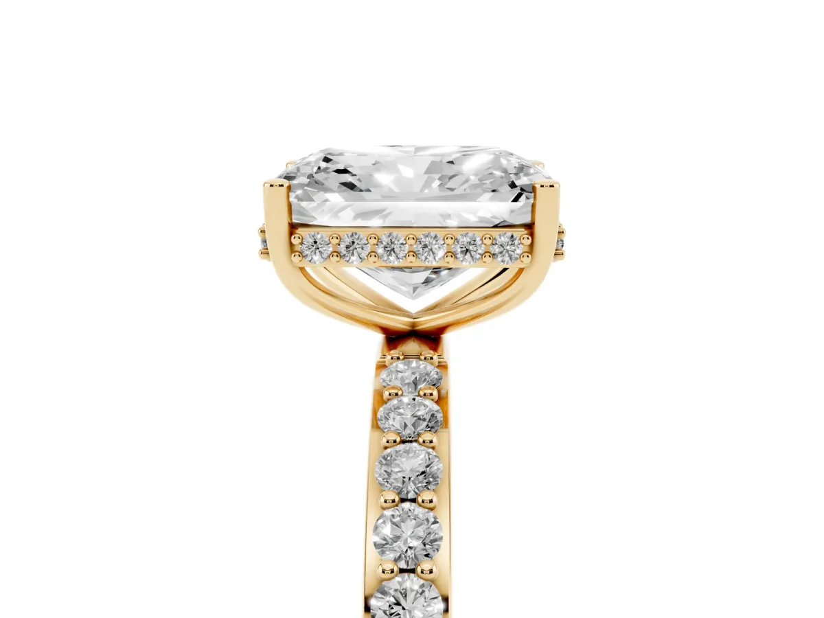 Radiant Cut Diamond Solitaire Ring with Pavé Band and Hidden Halo Yellow gold