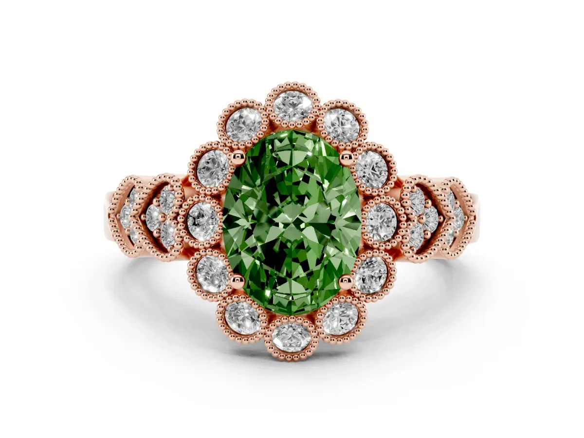 Fancy Green Oval Cut Brilliant Milgrain Pave Heart Band Solitaire Ring Rose gold