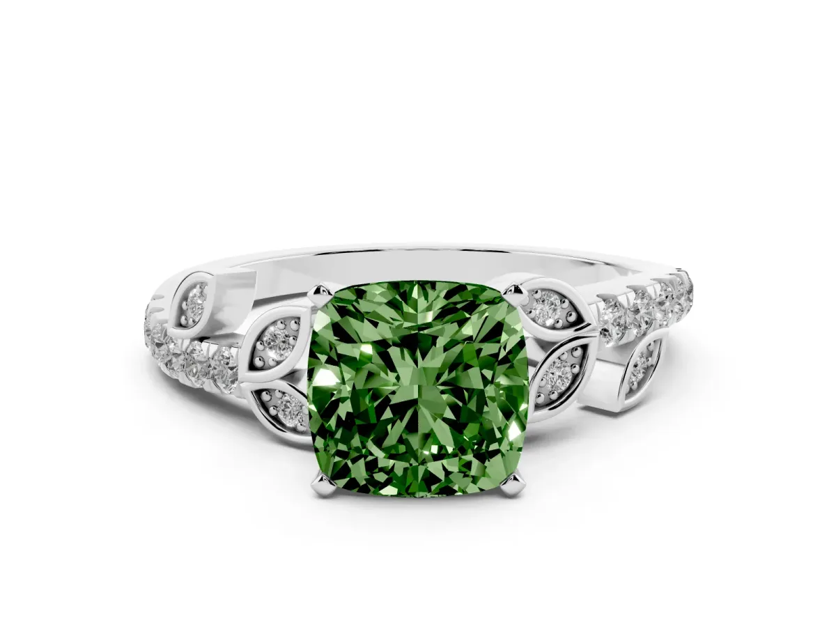 Fancy Green Cushion Cut Solitaire Leaf-Inspired Diamond Ring with Pavé Band and Four-Prong Setting Silver