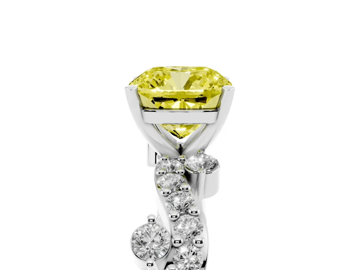 Fancy Yellow Cushion Cut Cut Solitaire Diamond Twisted Band with Pave Setting Silver
