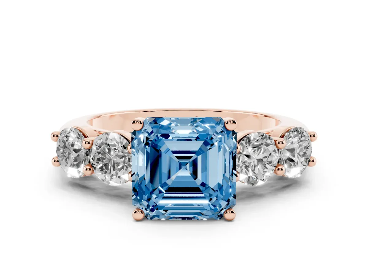 Fancy Blue Asscher Cut Cut Five-Stone Prong Set Diamond Ring with Classic Band Rose gold