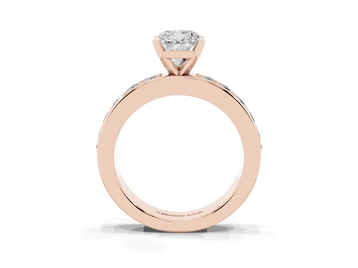 Cushion Cut Diamond Engagement Ring with Channel Set Round Band and Prong Setting Rose gold