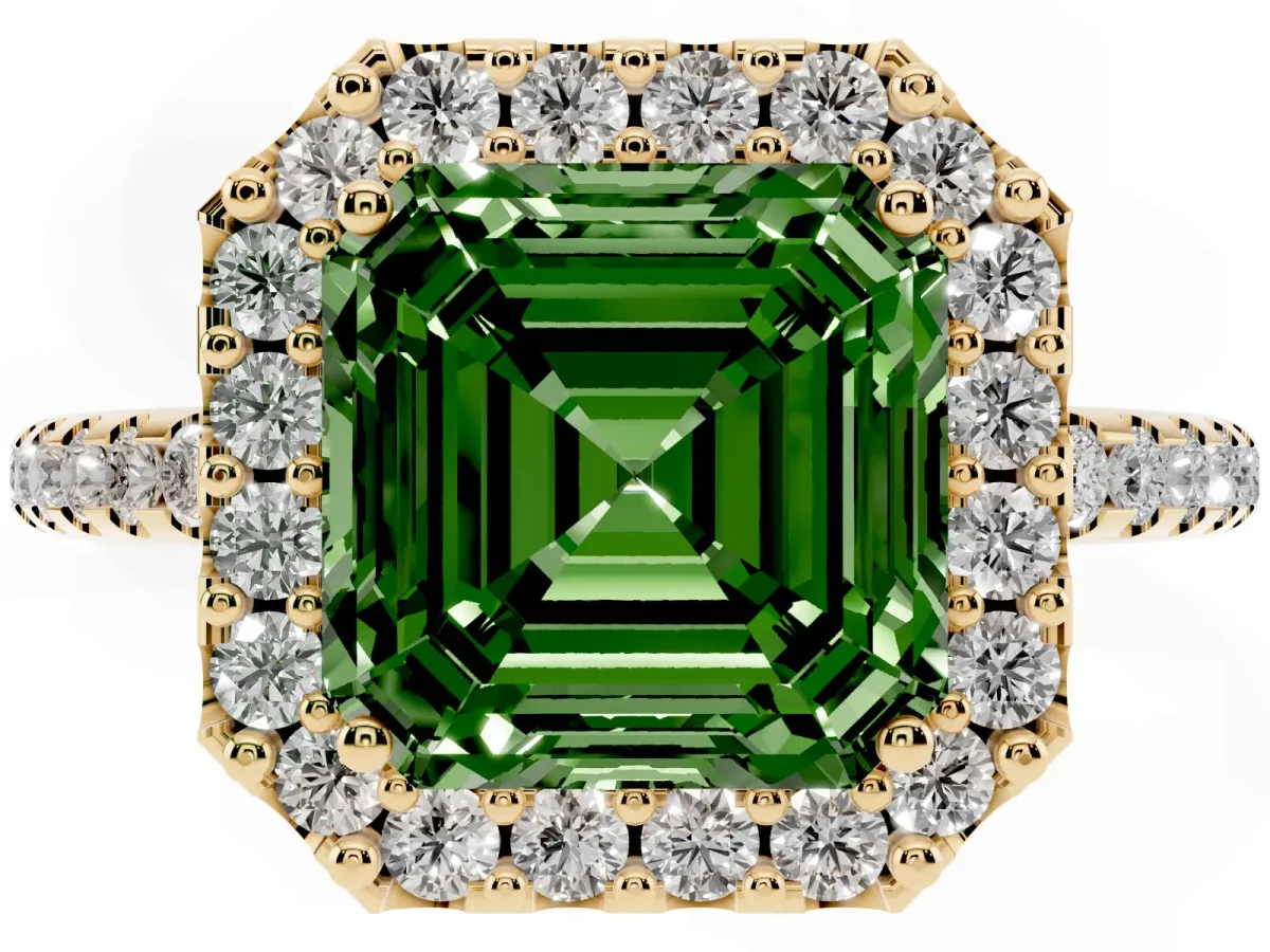 Fancy Green Asscher Cut Diamond Pavé Halo Ring with Four-Prong Setting Yellow gold