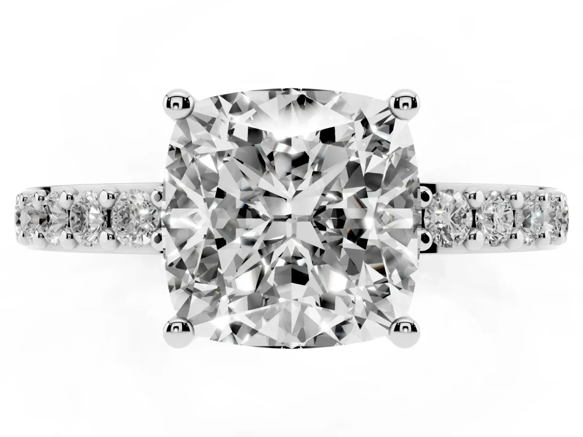 Cushion Cut Cut Diamond Solitaire with Pave Band and Four-Prong Setting Silver