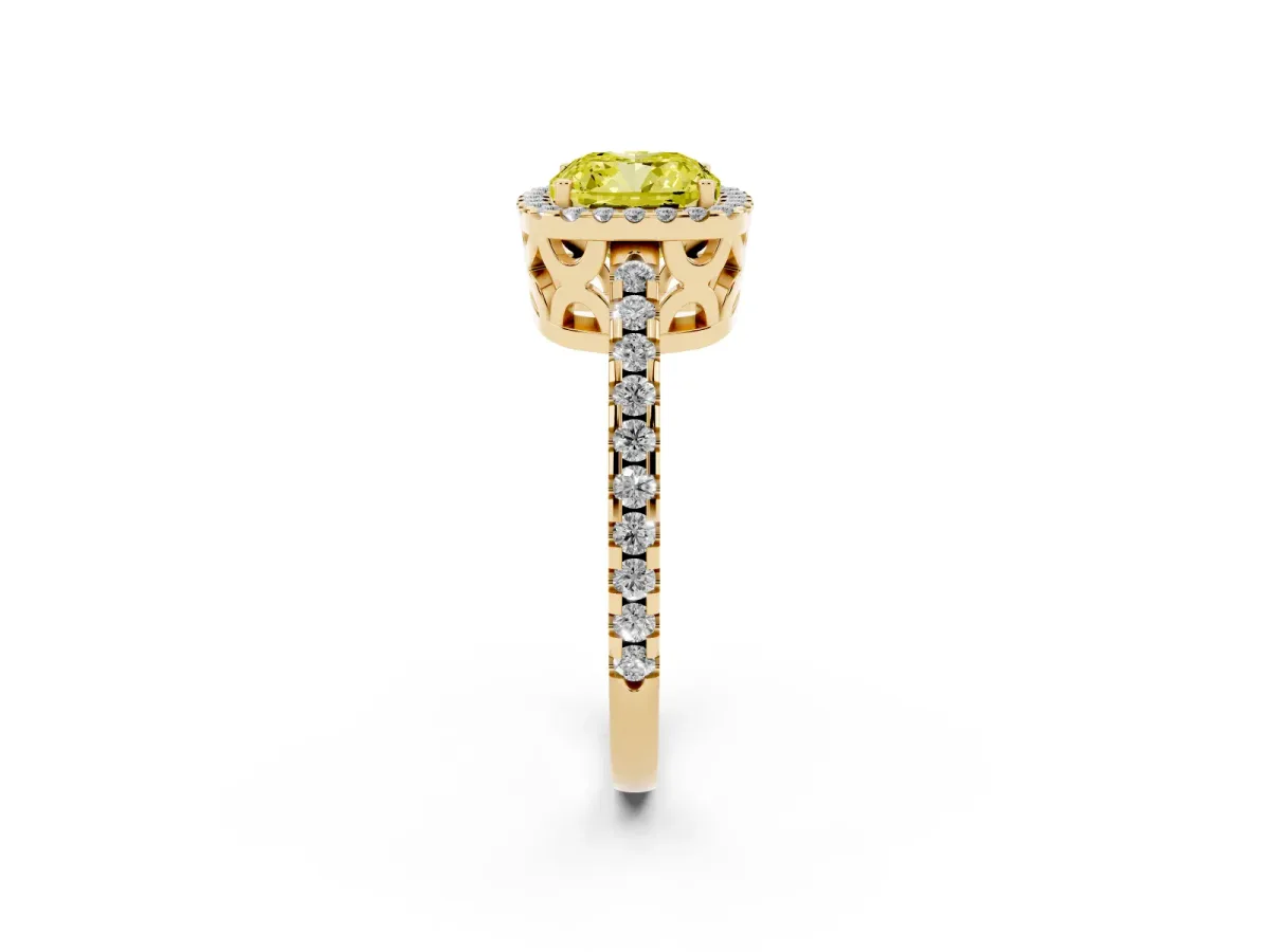Fancy Yellow Cushion Cut Diamond Halo Engagement Ring with Pavé Band and Prong Setting Yellow gold