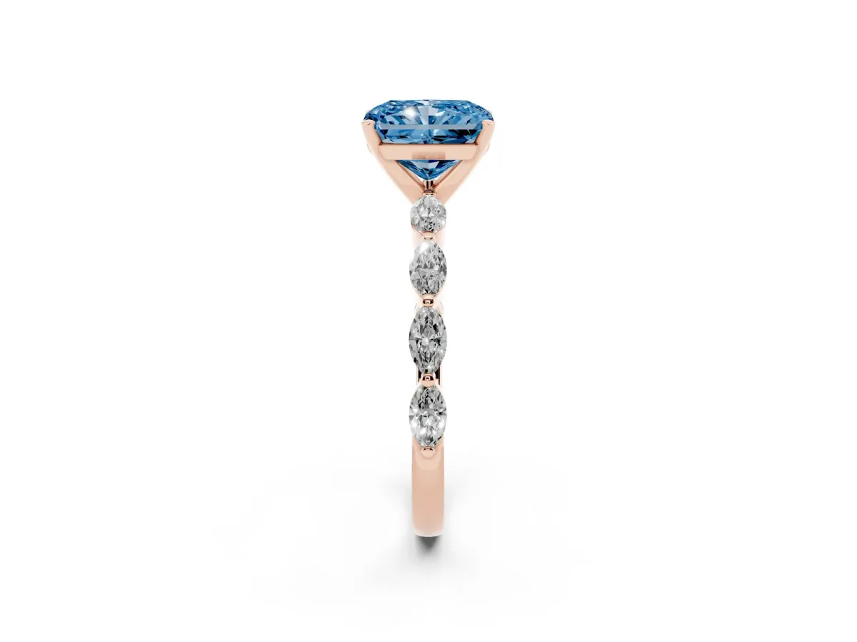 Fancy Blue Radiant Cut Diamond Ring with Marquise Side Stones and Prong Setting Rose gold