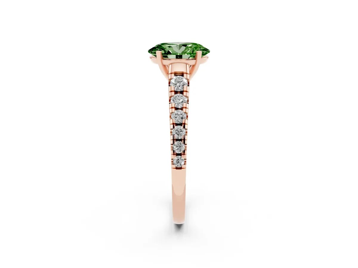 Fancy Green Oval Cut Diamond Cathedral Solitaire Ring with Round Pavé Band Rose gold