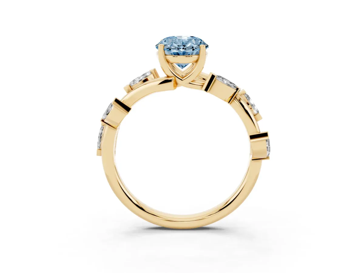 Fancy Blue Oval Cut Solitaire Twisted Band Marquise Accent Prong Setting Ring Yellow gold