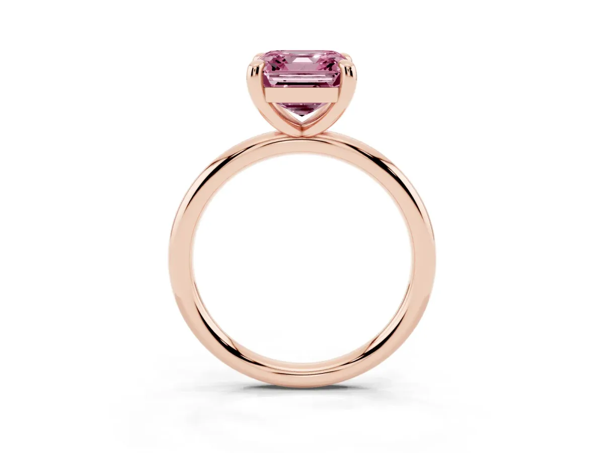 Fancy Pink Asscher Cut Solitaire Diamond Ring with Four-Prong Setting on a Plain Band Rose gold