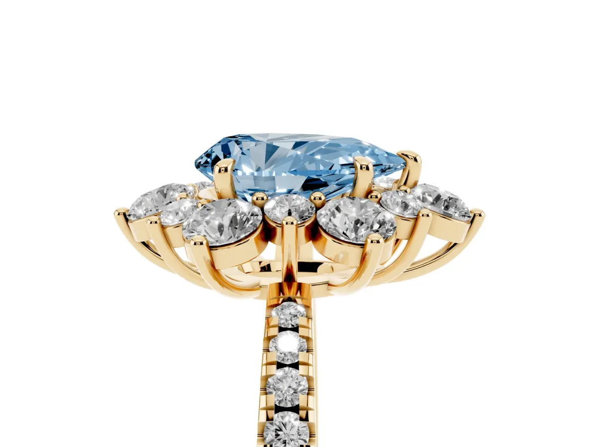 Fancy Blue Pear Cut Diamond Floral Halo Ring with Round Pavé Band and Prong Setting Yellow gold