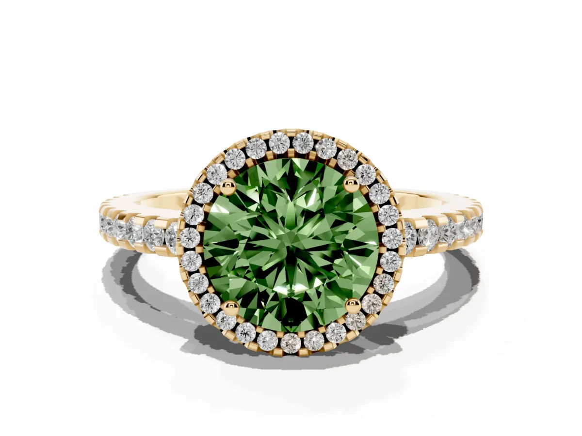 Fancy Green Round Cut Diamond Halo Engagement Ring with Pavé Band and Prong Setting Yellow gold