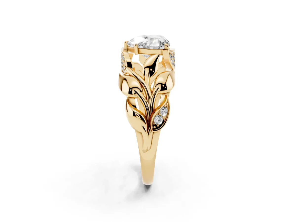 Heart Cut Diamond Leaf-Inspired Engagement Ring with Round Accents and Prong Setting Yellow gold