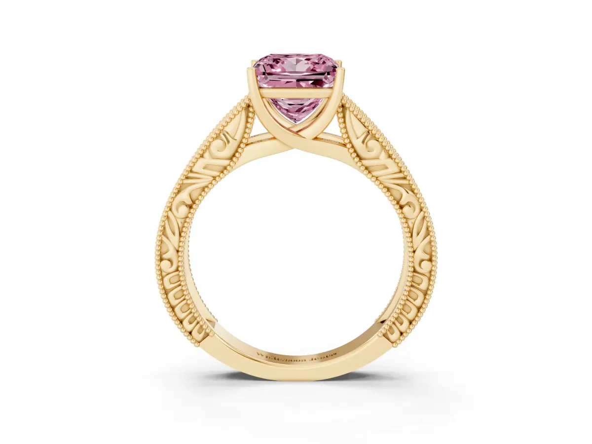 Fancy Pink Princess Cut Diamond Solitaire Ring with Engraved Band and Four-Prong Setting Yellow gold