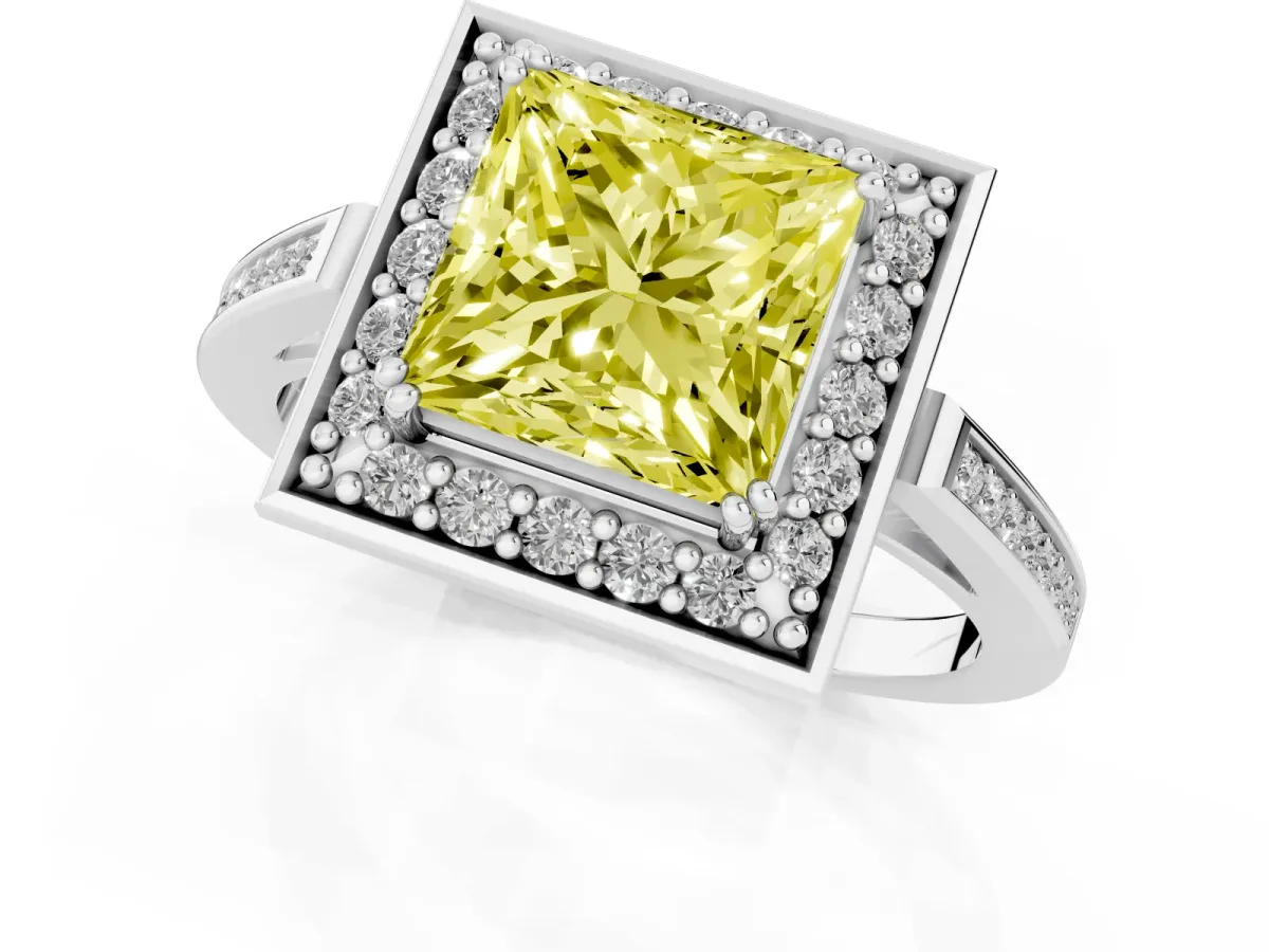 Fancy Yellow Princess Cut Diamond Halo Ring with Split Shank and Four-Prong Setting Silver