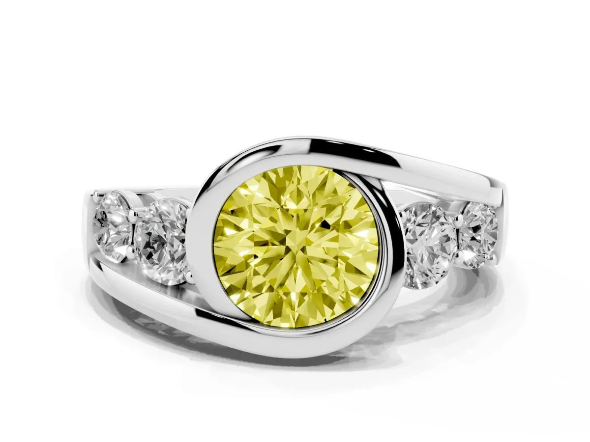 Fancy Yellow Bezel Set Round Cut Diamond Bypass Ring with Round Accents Silver