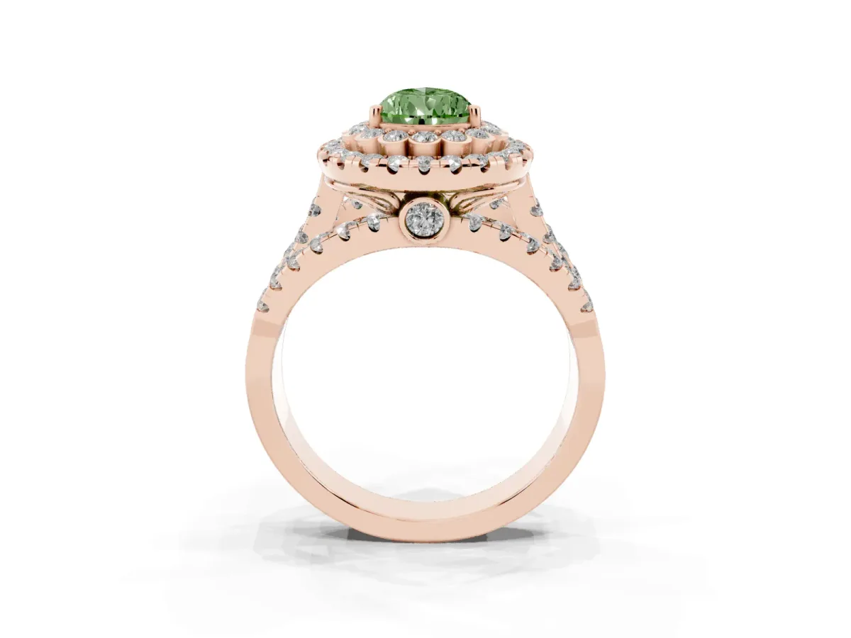 Fancy Green Pear Cut Diamond Double Halo Ring with Round Pavé Split Shank and Prong Setting Rose gold