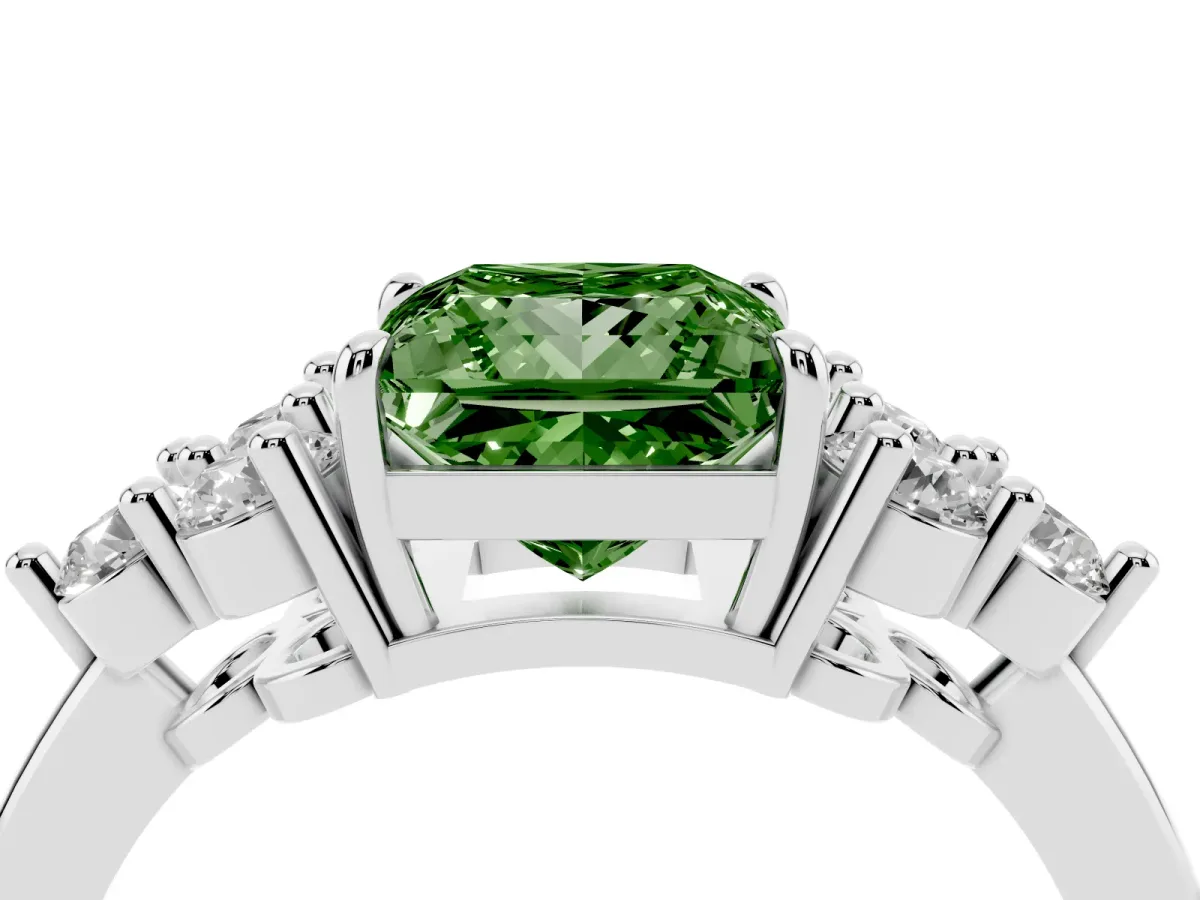 Fancy Green Princess Cut Brilliant Diamond Cluster Accent Solitaire Ring with Prong Setting Platinum