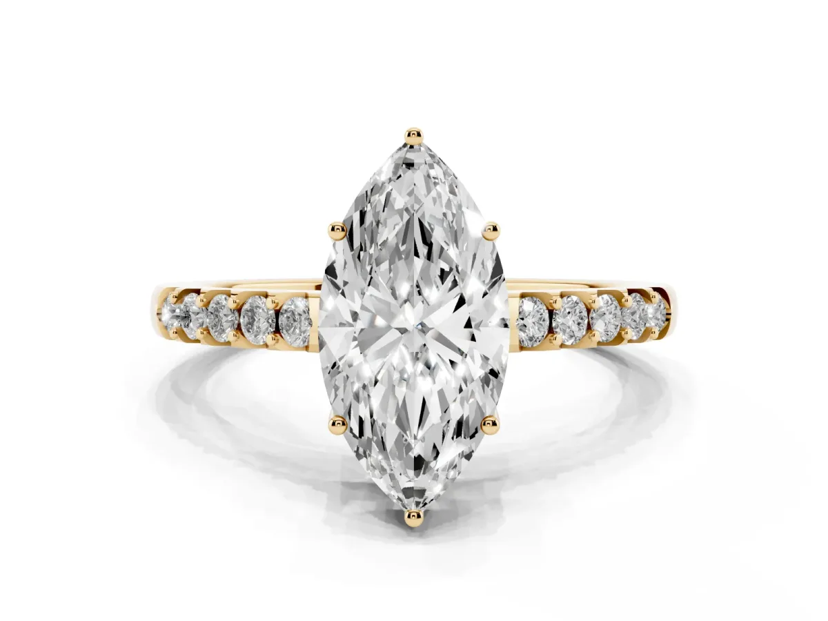 Marquise Cut Solitaire Diamond Engagement Ring with Pavé Band and Six-Prong Setting Yellow gold