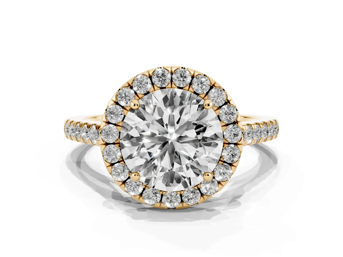 Round Cut Halo Pave Diamond Engagement Ring with Four-Prong Setting Yellow gold